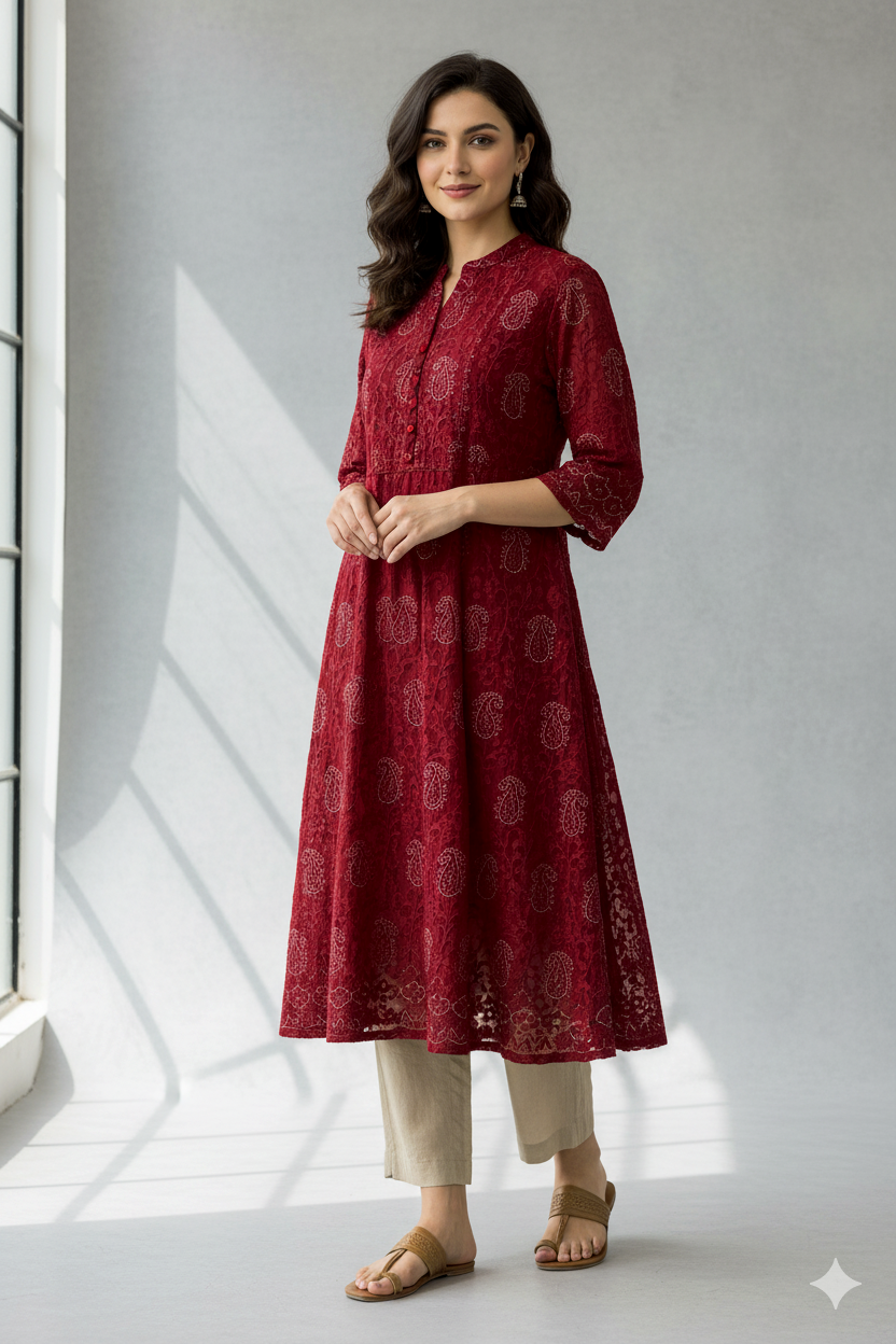 Red Colour With Floral Design Ladies Branded Umbrella Top Readymade