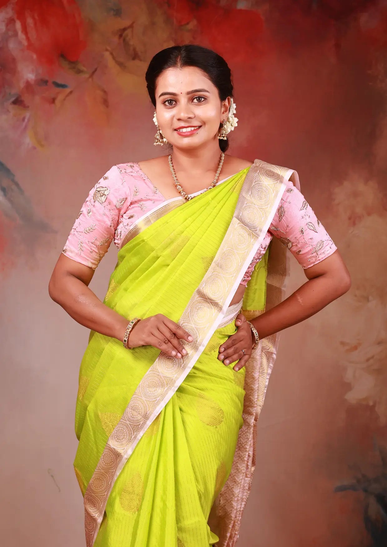 Chartreuse Green With Peach Copper Zari Border Soft Silk Saree