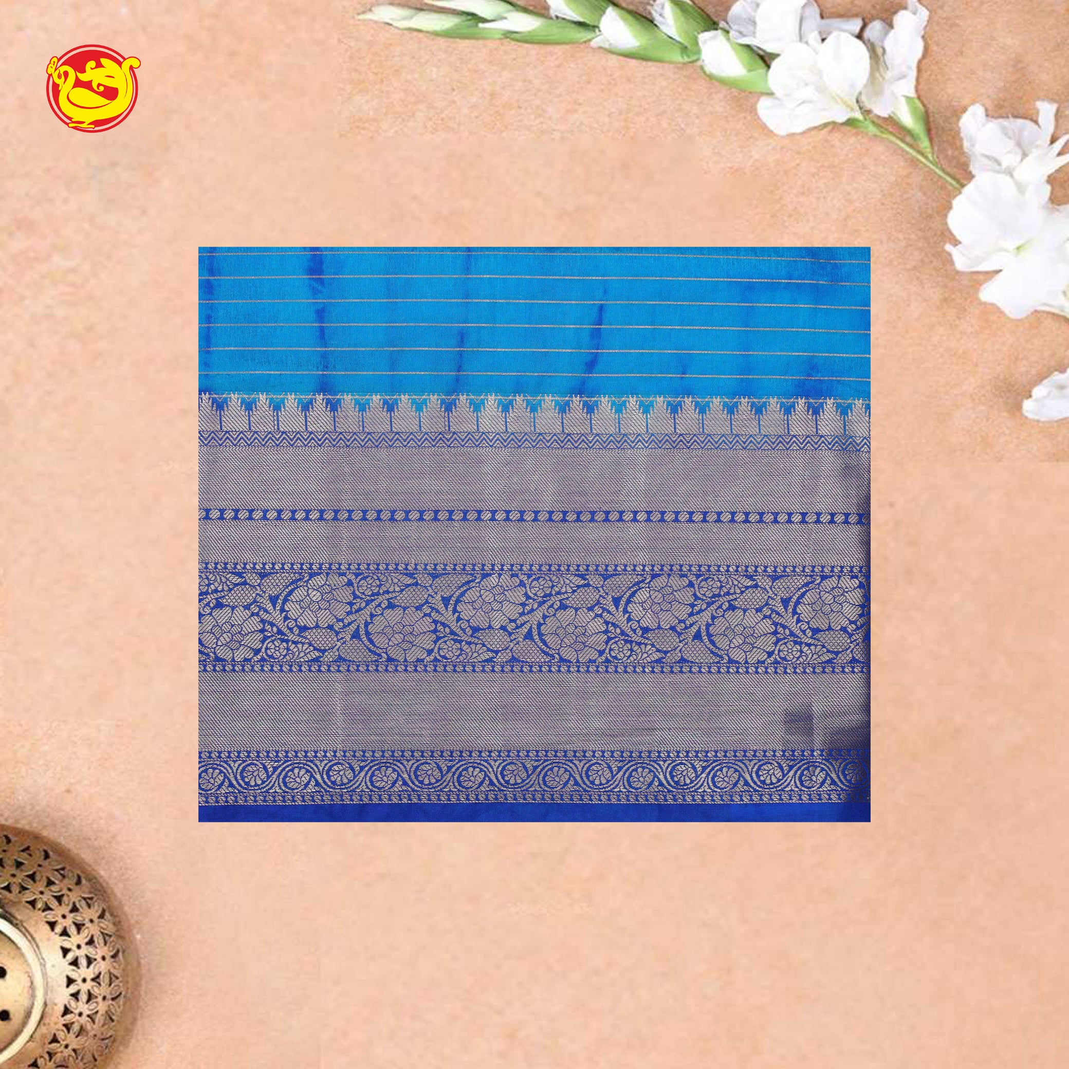 Blue with Royal blue Stripes Design Semi Raw Silk Saree with Double Blouse