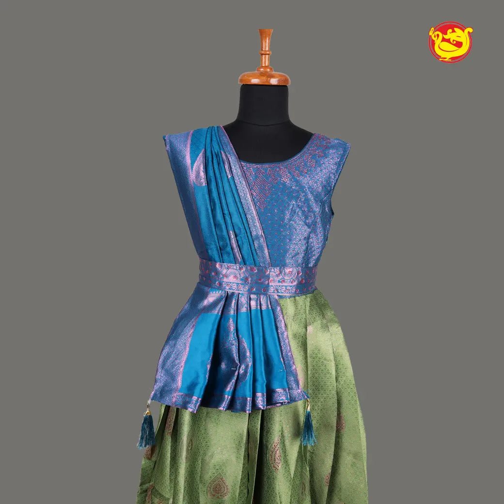 Peacock blue with Light Olive Green Girls & Women Branded Readymade Pattu Gown - Thenianantham