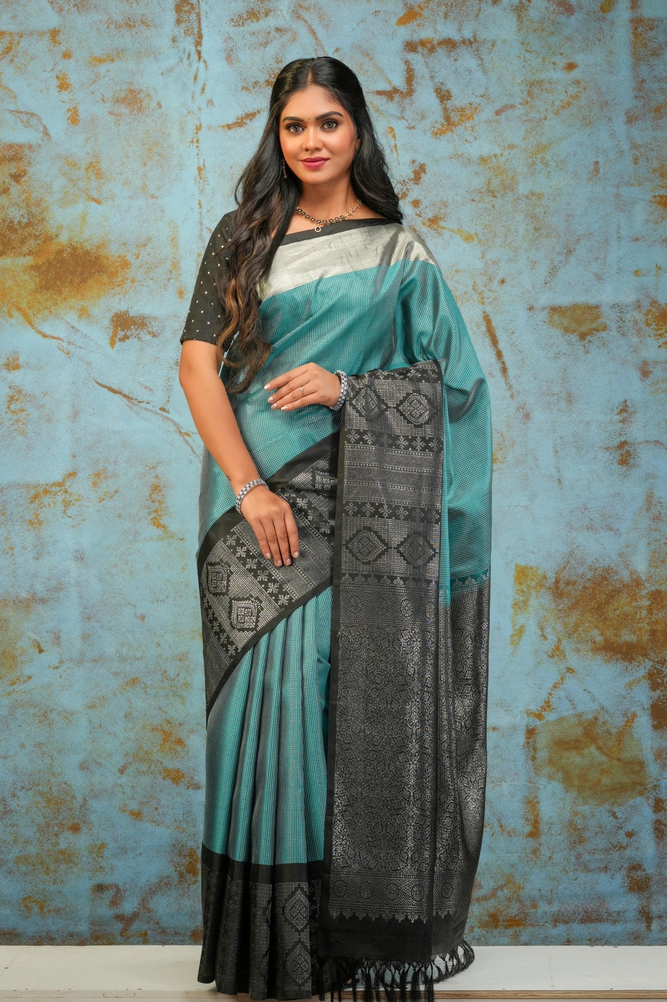 Sky Blue with Black Checked Silver Zari Floral Border Soft Silk Saree - Thenianantham