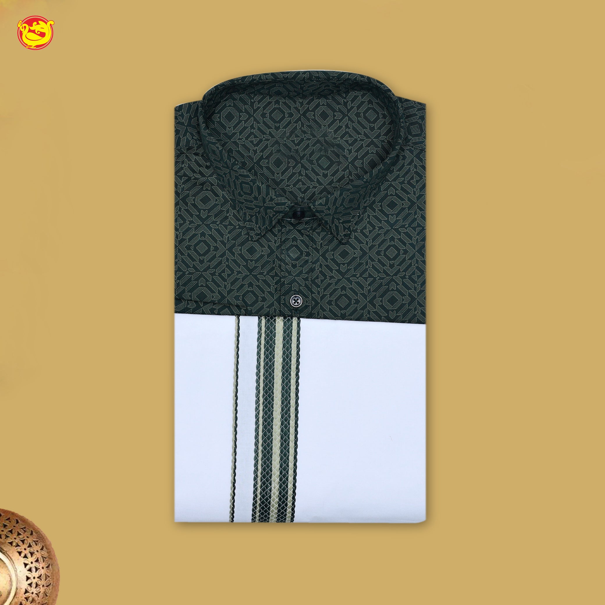 Dark Green With White Readymade Shirt And Matching Border Dhoti Set for Men