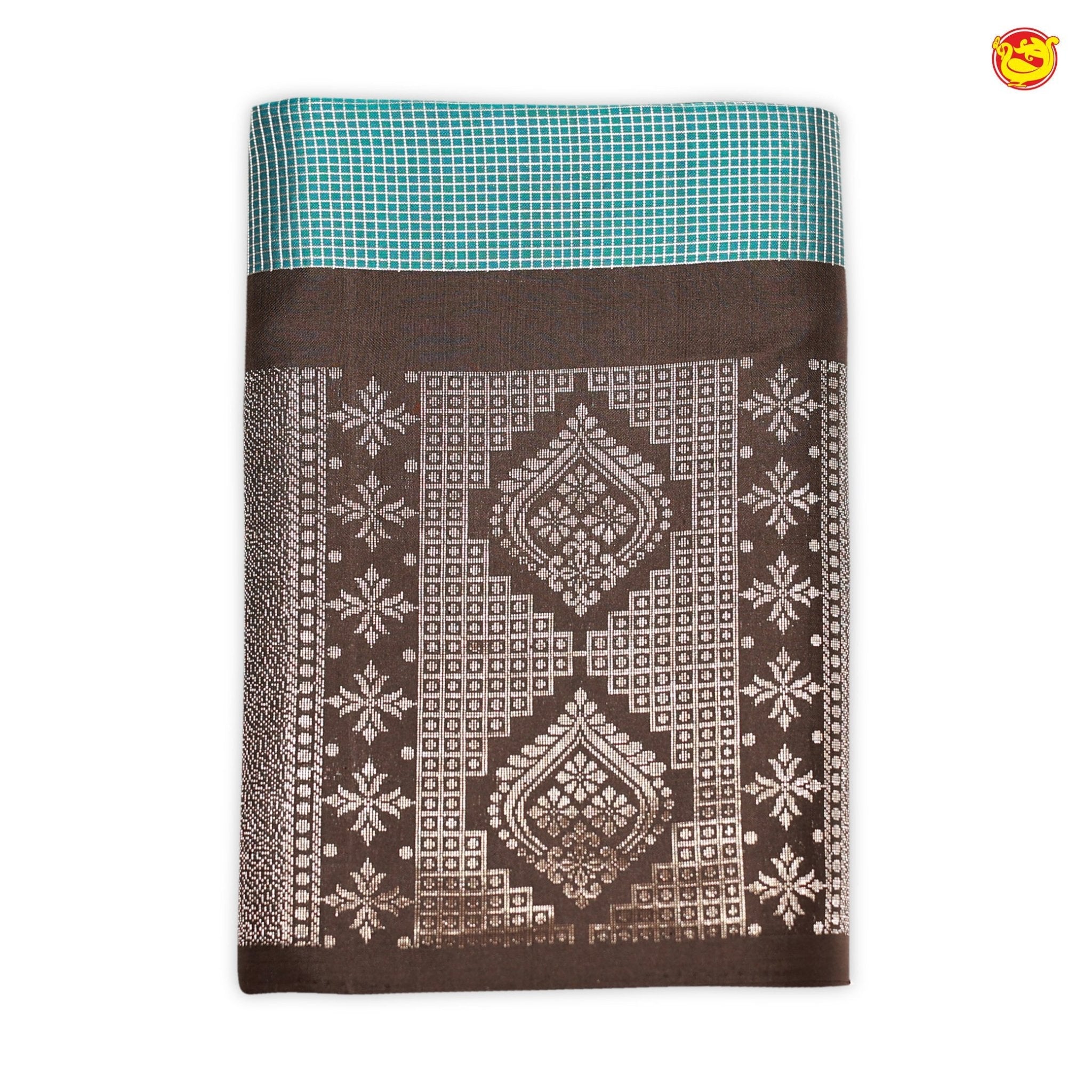 Sky Blue with Black Checked Silver Zari Floral Border Soft Silk Saree - Thenianantham