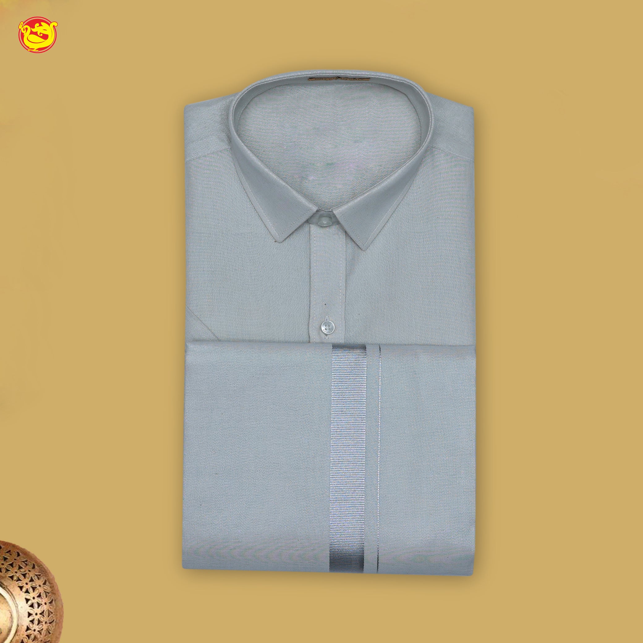 Grey Readymade Shirt And Matching Border Dhoti Set for Men