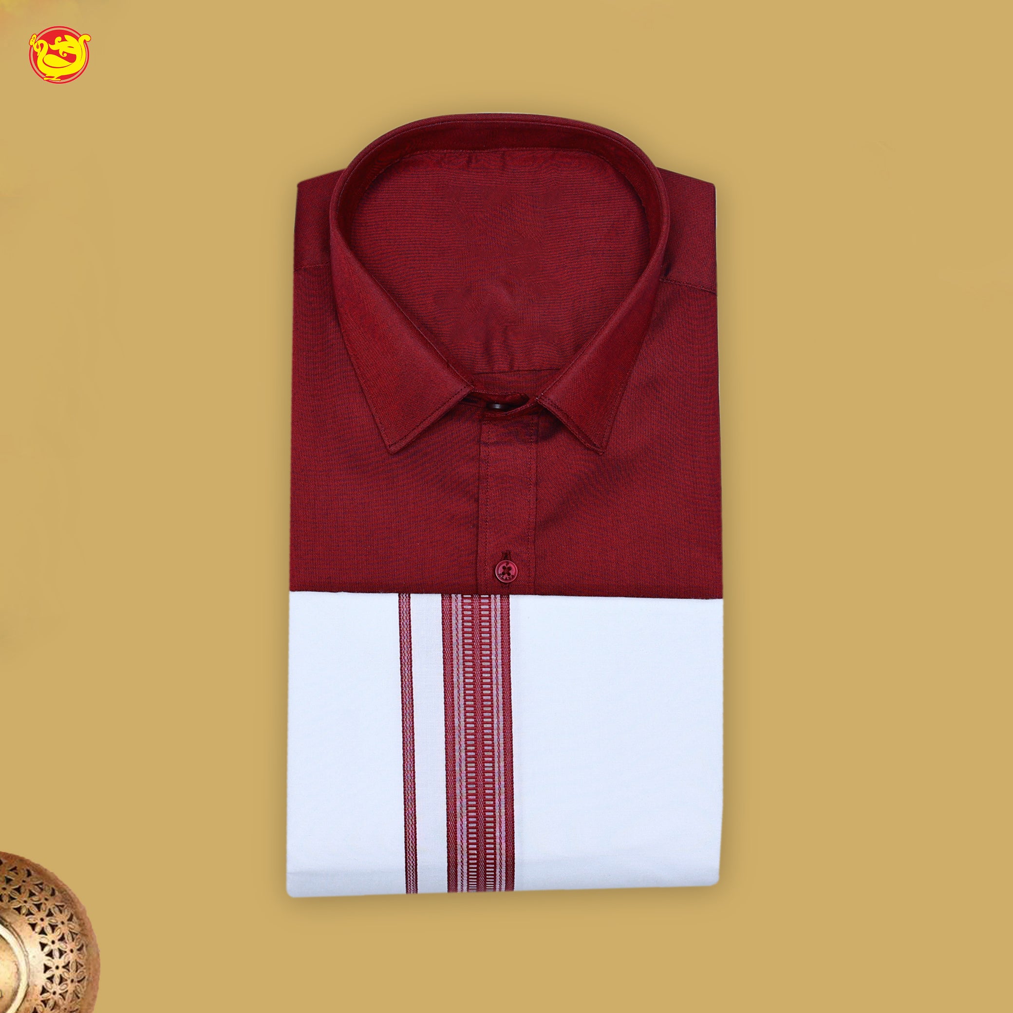 Maroon With White Readymade Shirt And Matching Border Dhoti Set for Men