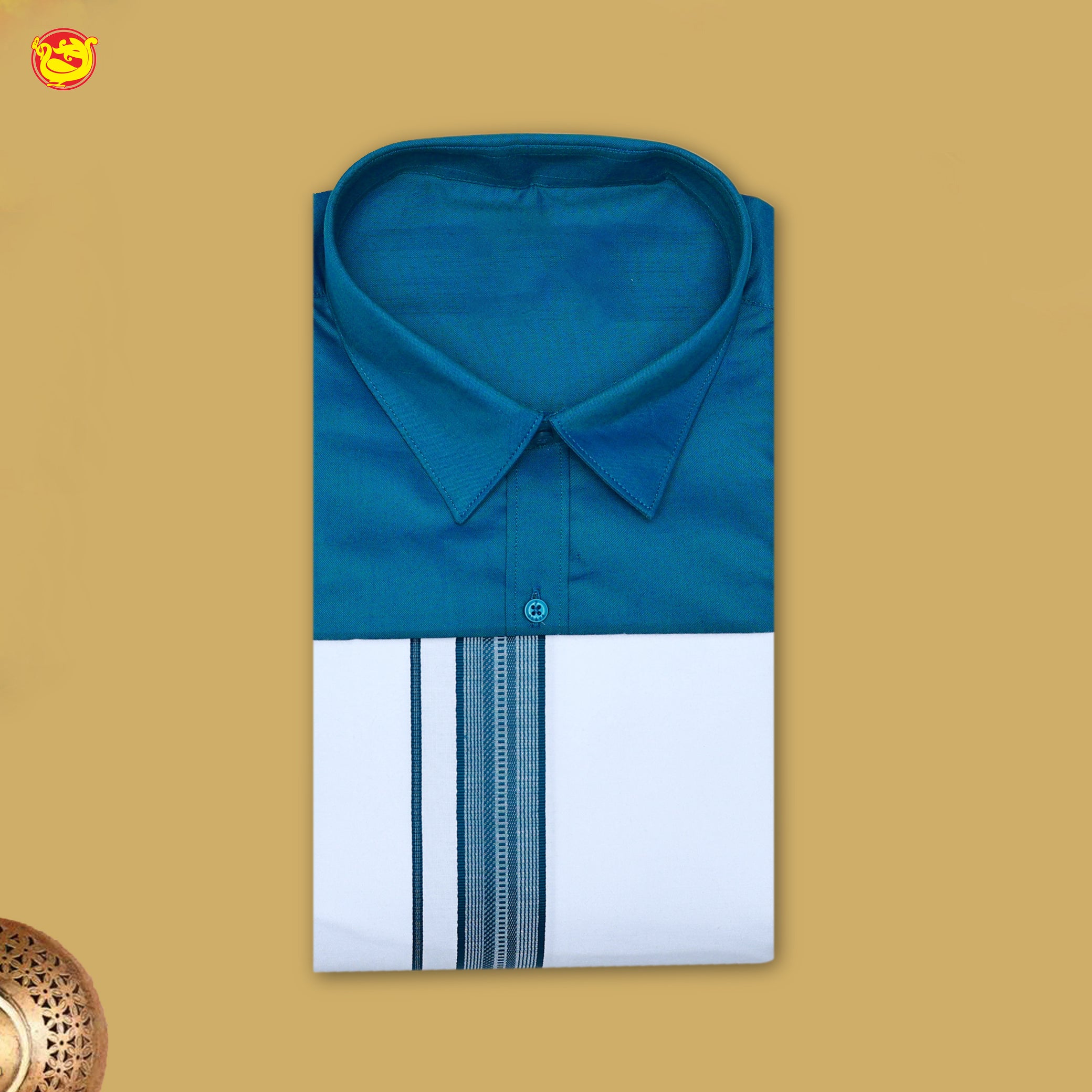 Blue With White Readymade Shirt And Matching Border Dhoti Set for Men