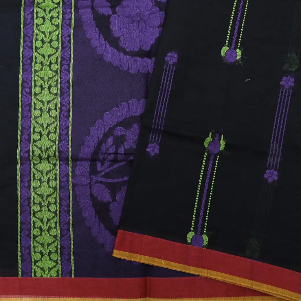 Black with Light Red Negamam Cotton Saree