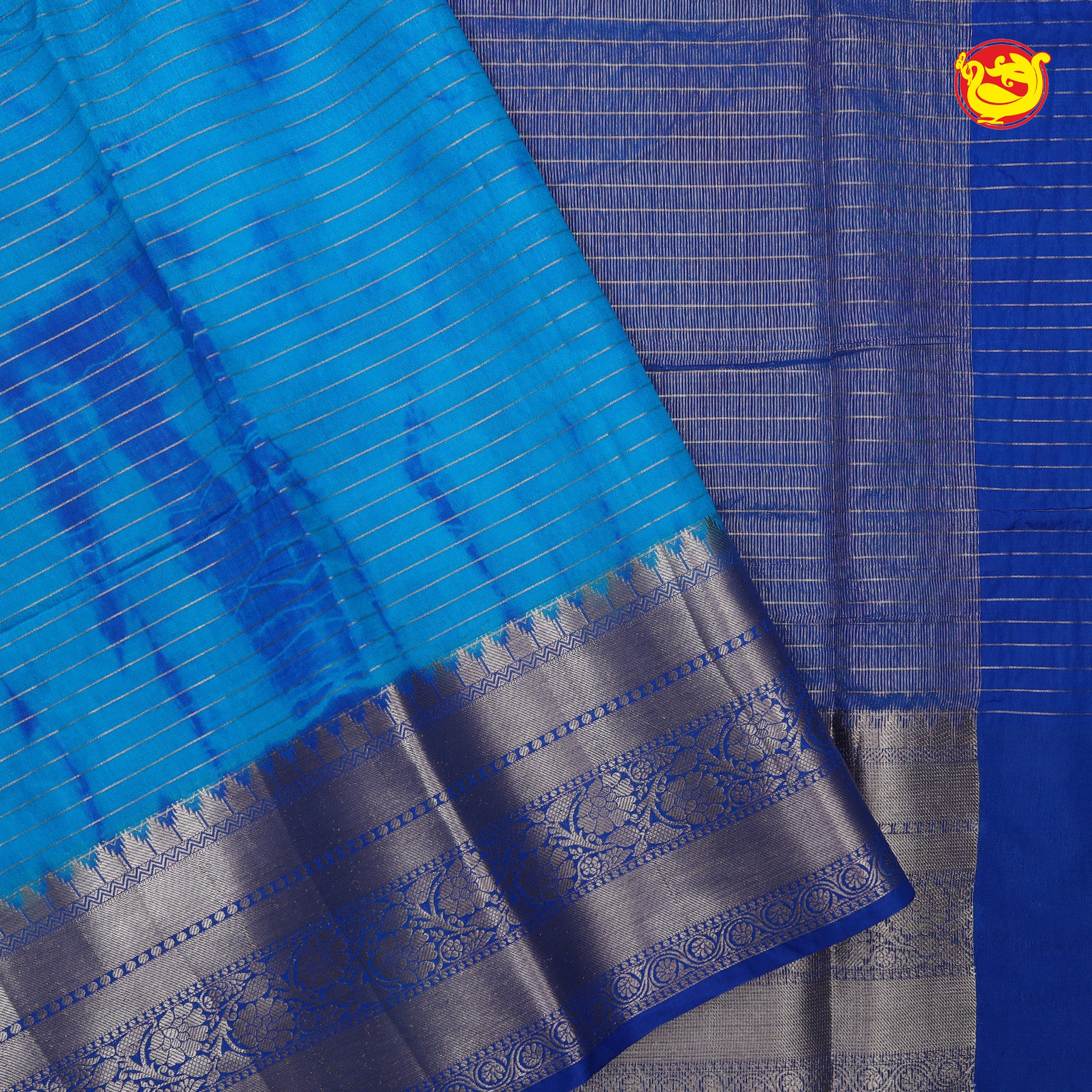 Blue with Royal blue Stripes Design Semi Raw Silk Saree with Double Blouse