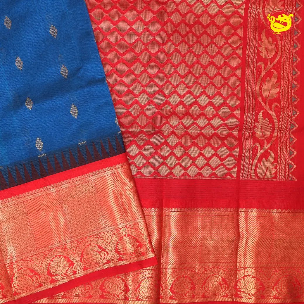 Blue with Red Arani Silk Cotton Saree - Thenianantham