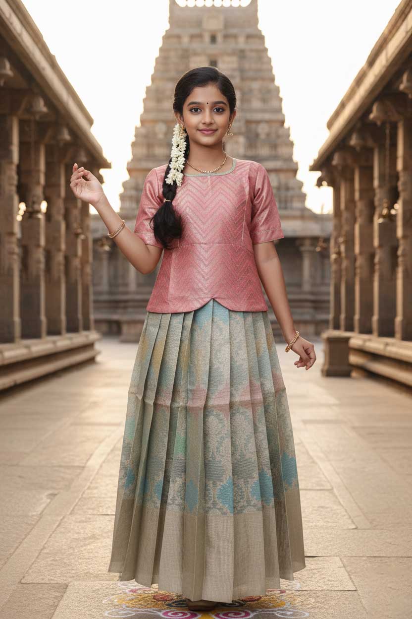 Blush Pink With Light Green Girls Branded Readymade Pattu Pavadai