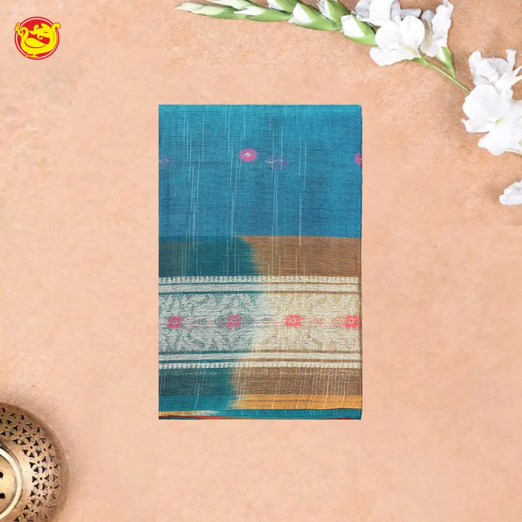 Light Blue with Red Pure Bengal Cotton Saree without Blouse
