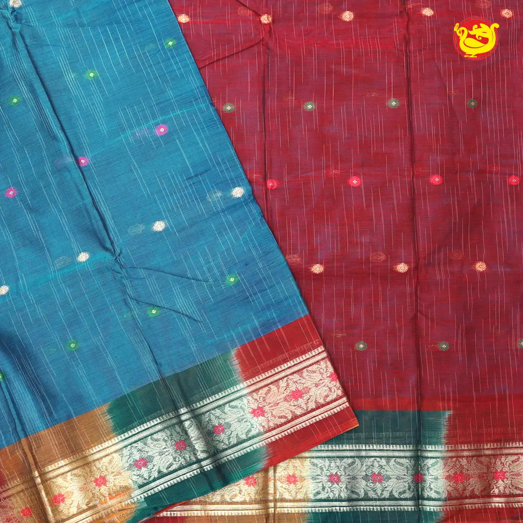 Light Blue with Red Pure Bengal Cotton Saree without Blouse