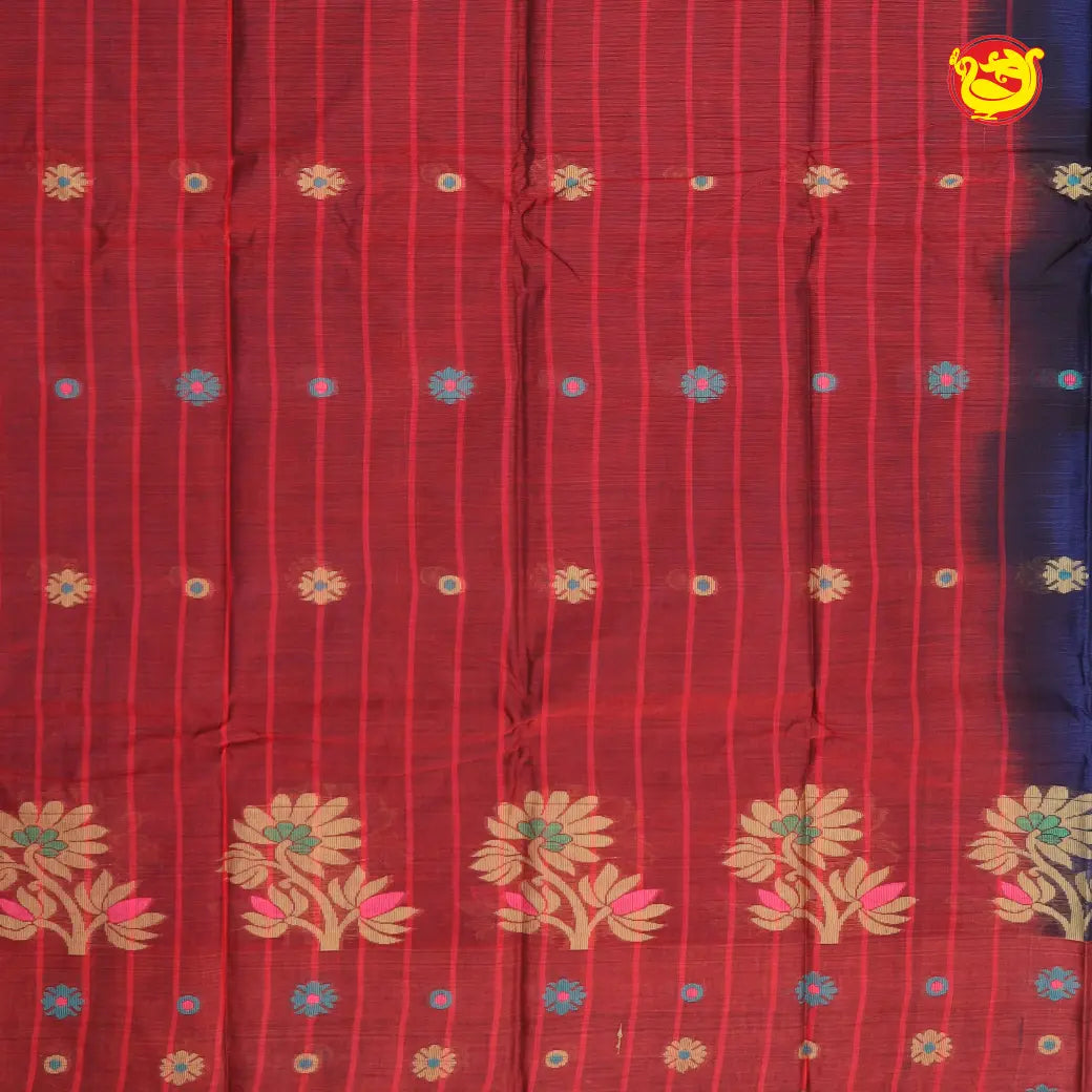 Dark Blue with Brownish-Red Pure Bengal Cotton Saree without Blouse