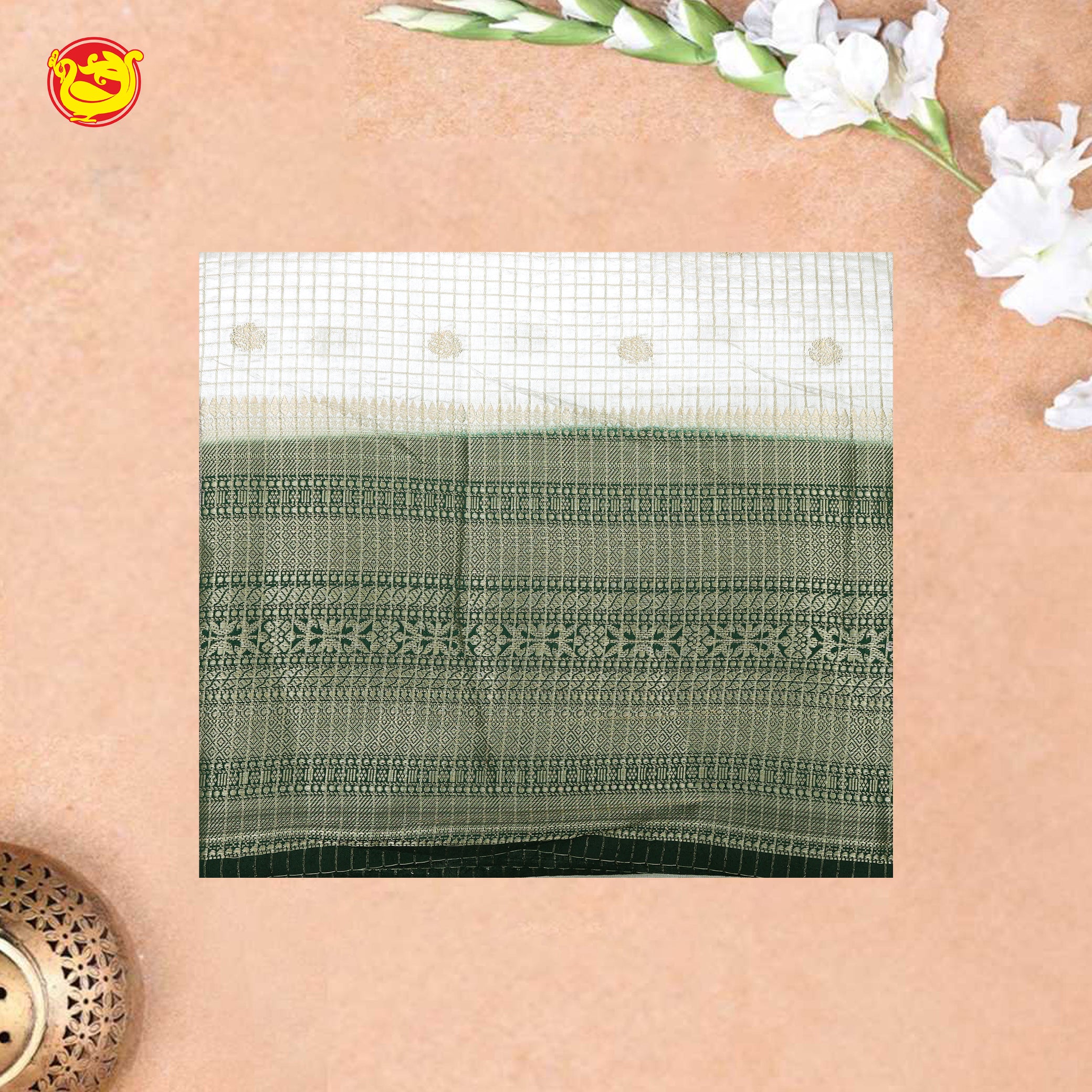 White with Dark Green blue Stripes Design Semi Raw Silk Saree
