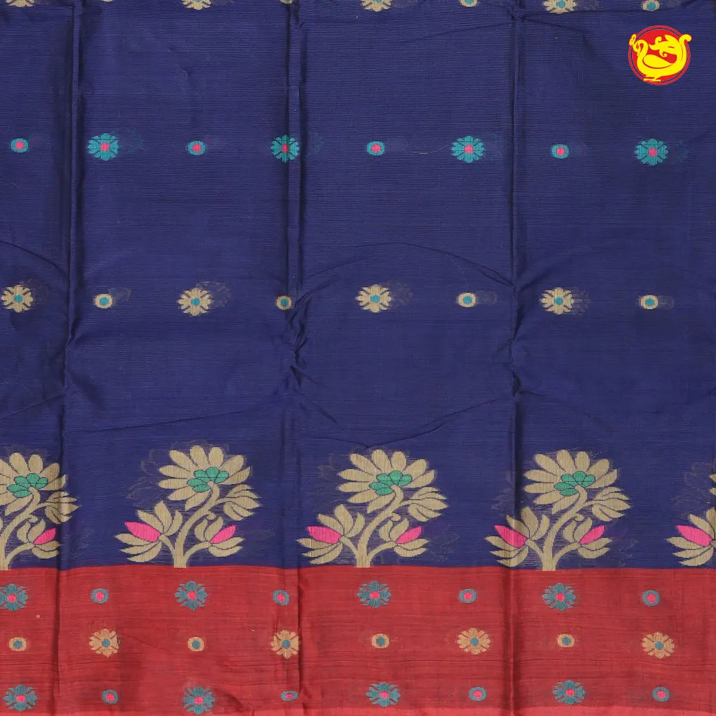 Dark Blue with Brownish-Red Pure Bengal Cotton Saree without Blouse