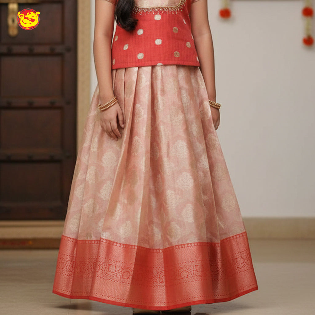 Red with Peach Girls Branded Readymade Pattu Pavadai