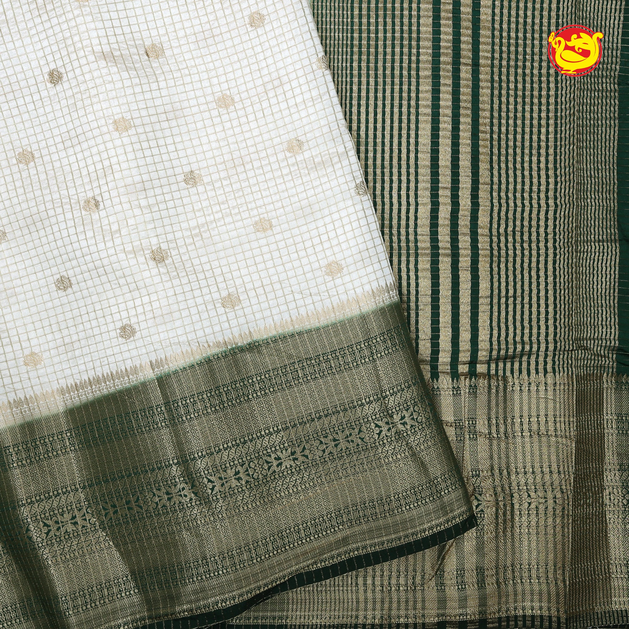 White with Dark Green blue Stripes Design Semi Raw Silk Saree
