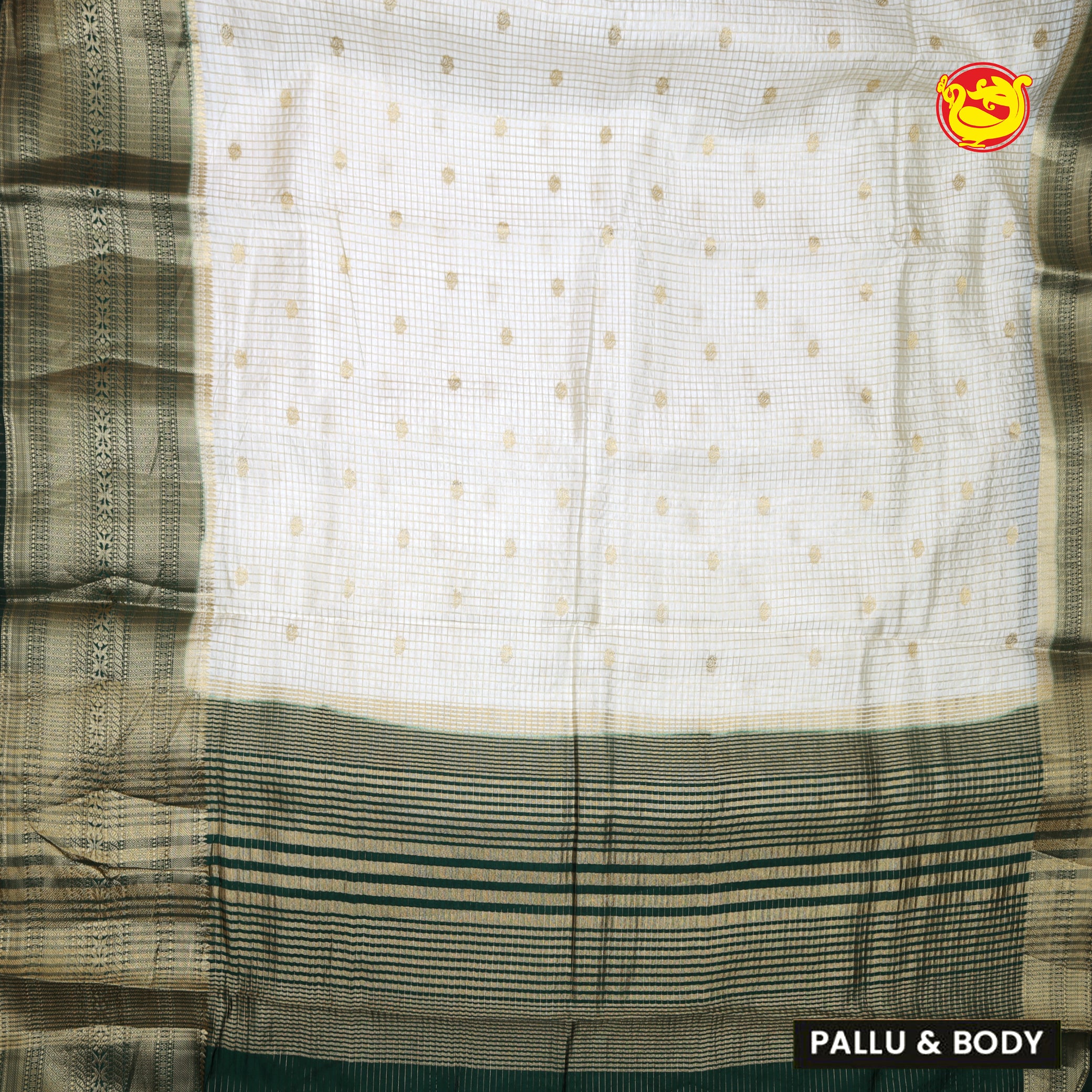White with Dark Green blue Stripes Design Semi Raw Silk Saree