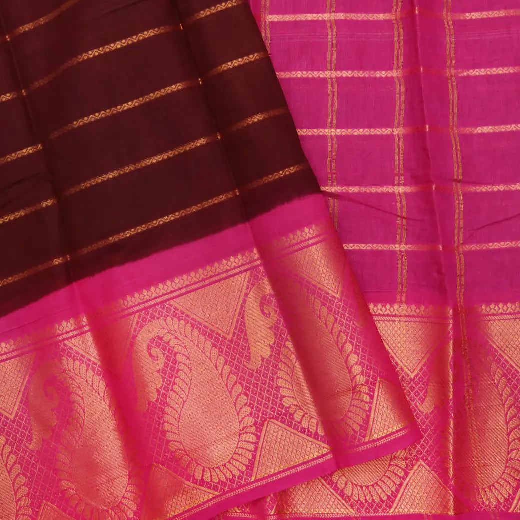 Dark Brown with Pink Stripes Sungudi Cotton Saree without Blouse