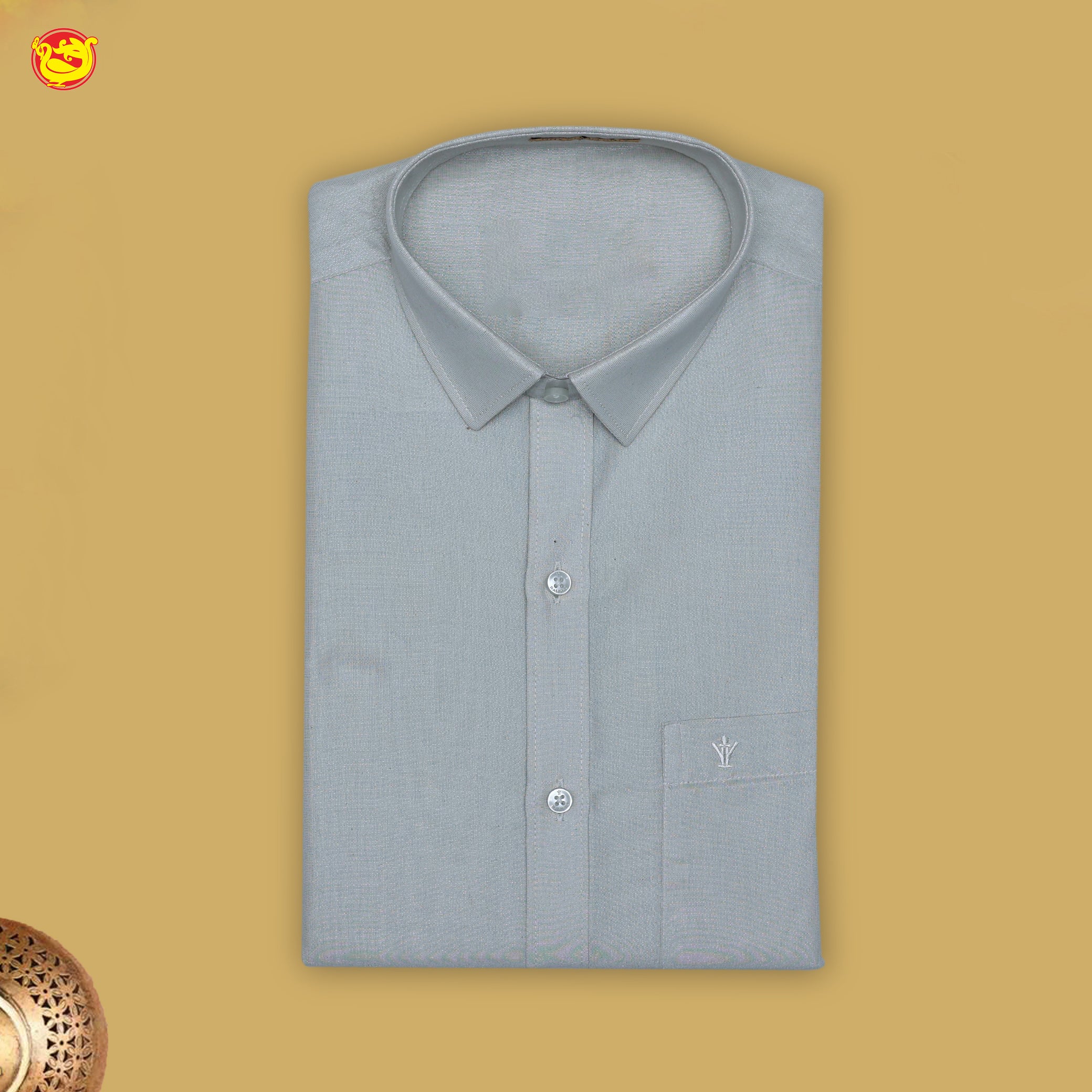 Grey Readymade Shirt And Matching Border Dhoti Set for Men