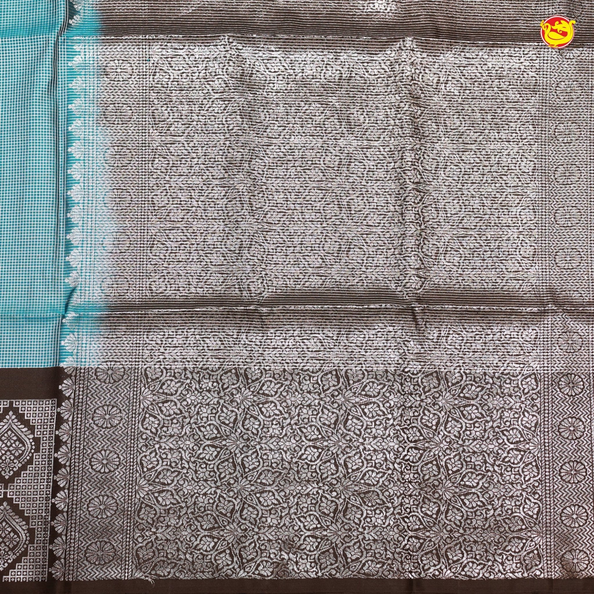 Sky Blue with Black Checked Silver Zari Floral Border Soft Silk Saree - Thenianantham