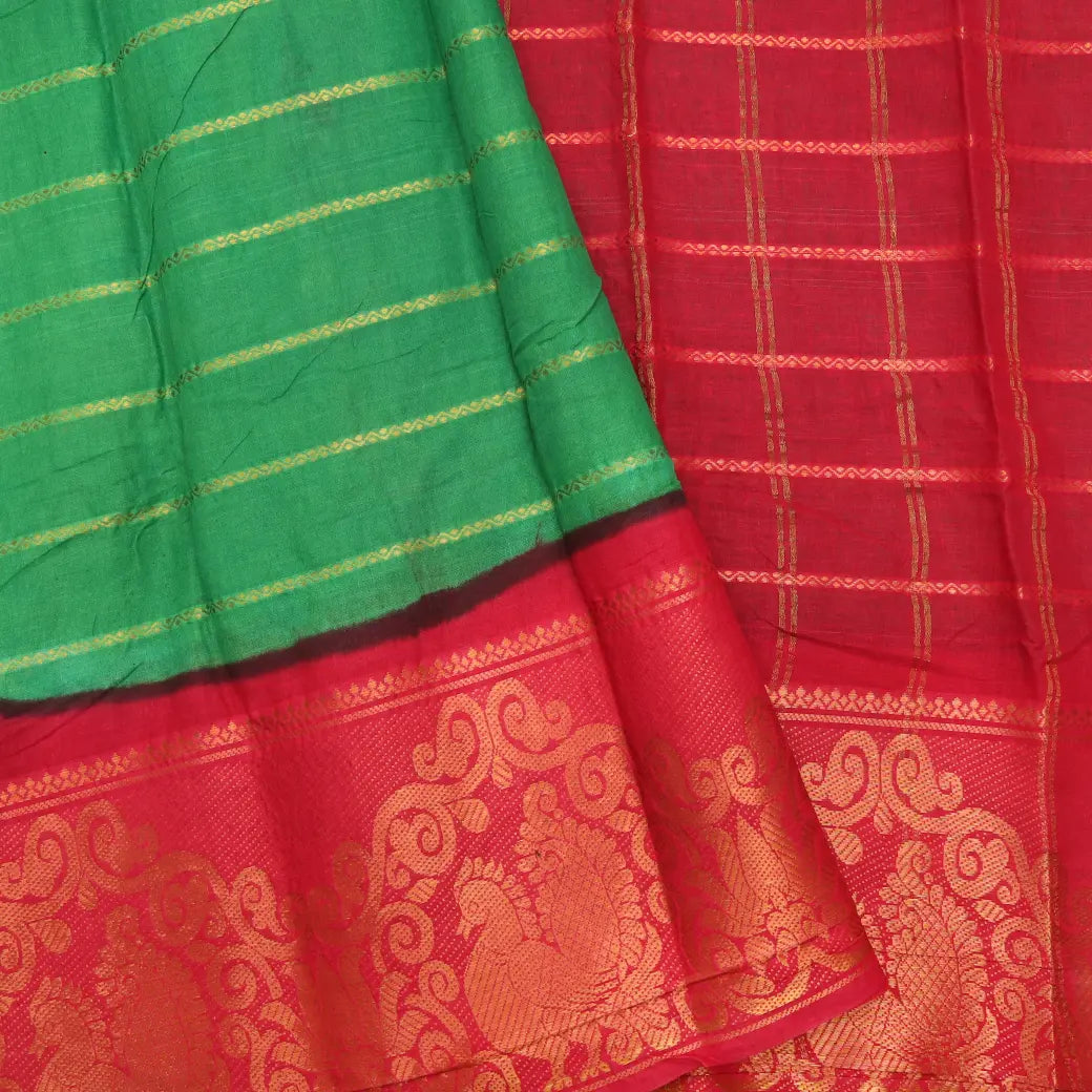 Green with Red Stripes Sungudi Cotton Saree without Blouse