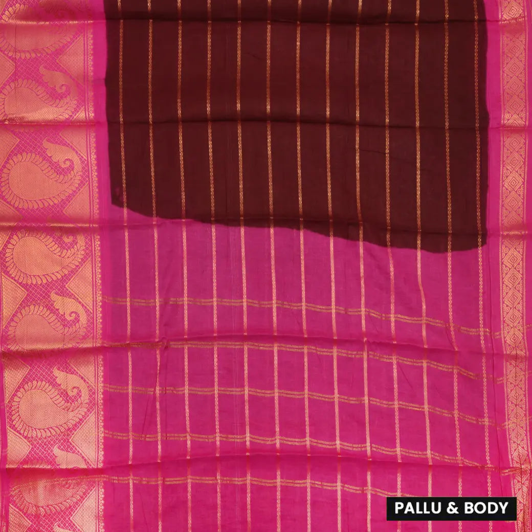 Dark Brown with Pink Stripes Sungudi Cotton Saree without Blouse