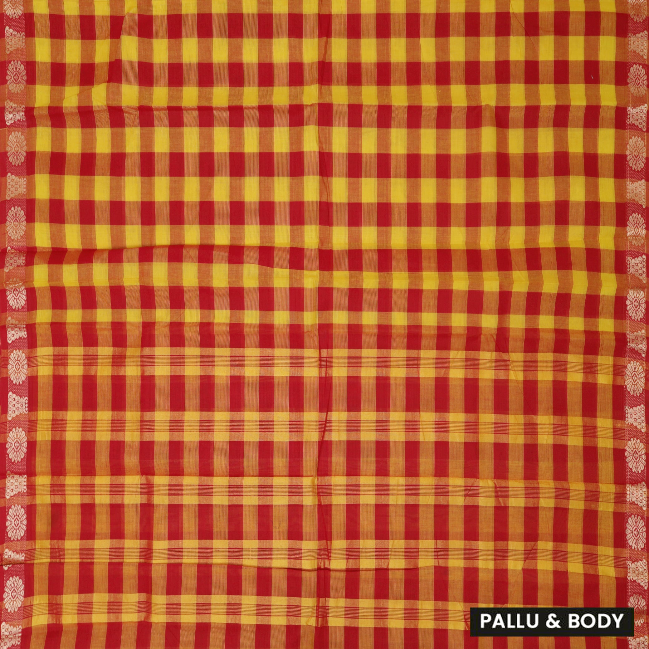 Yellow - Red Small Checked Pattern Pure Chettinad Cotton Saree without Blouse