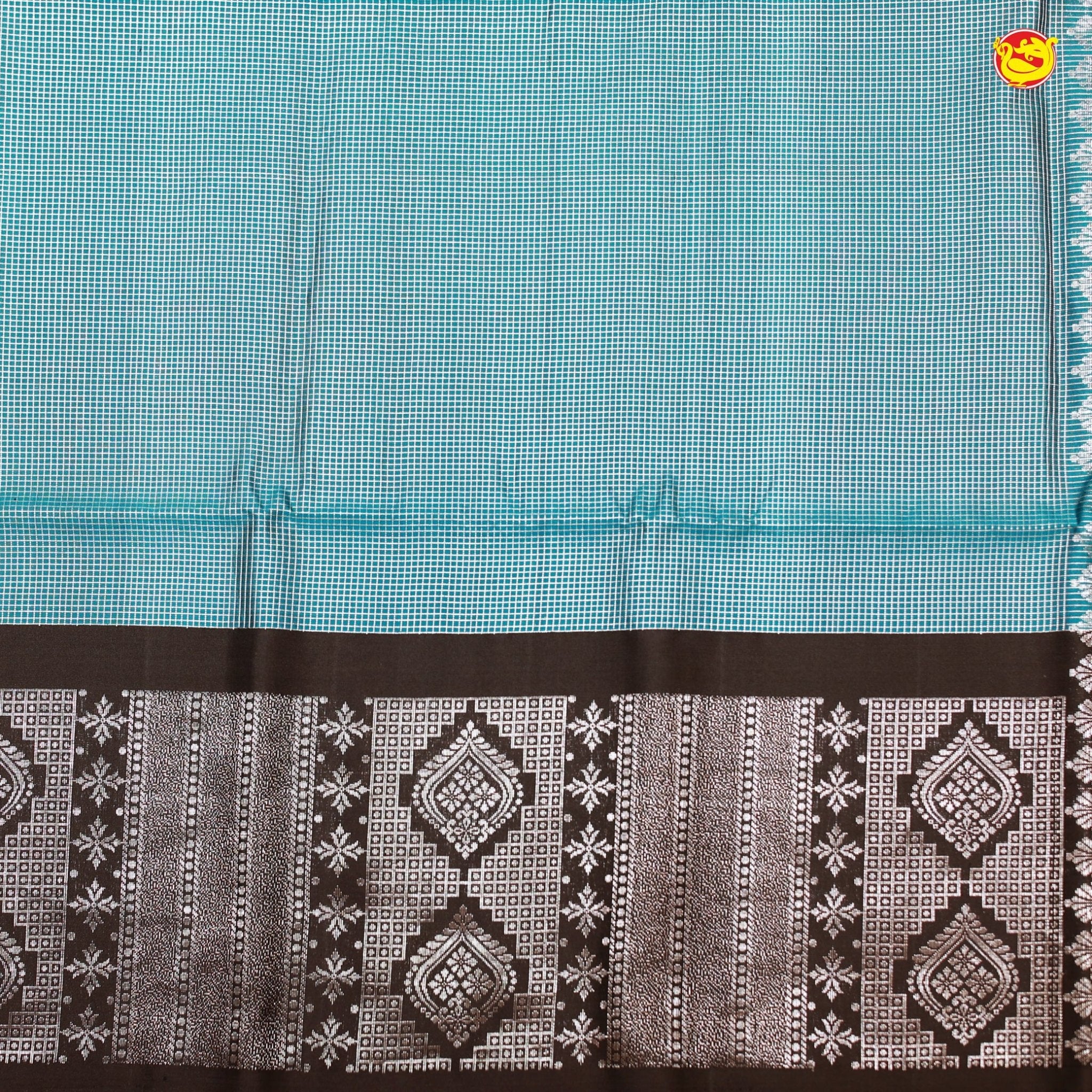 Sky Blue with Black Checked Silver Zari Floral Border Soft Silk Saree - Thenianantham