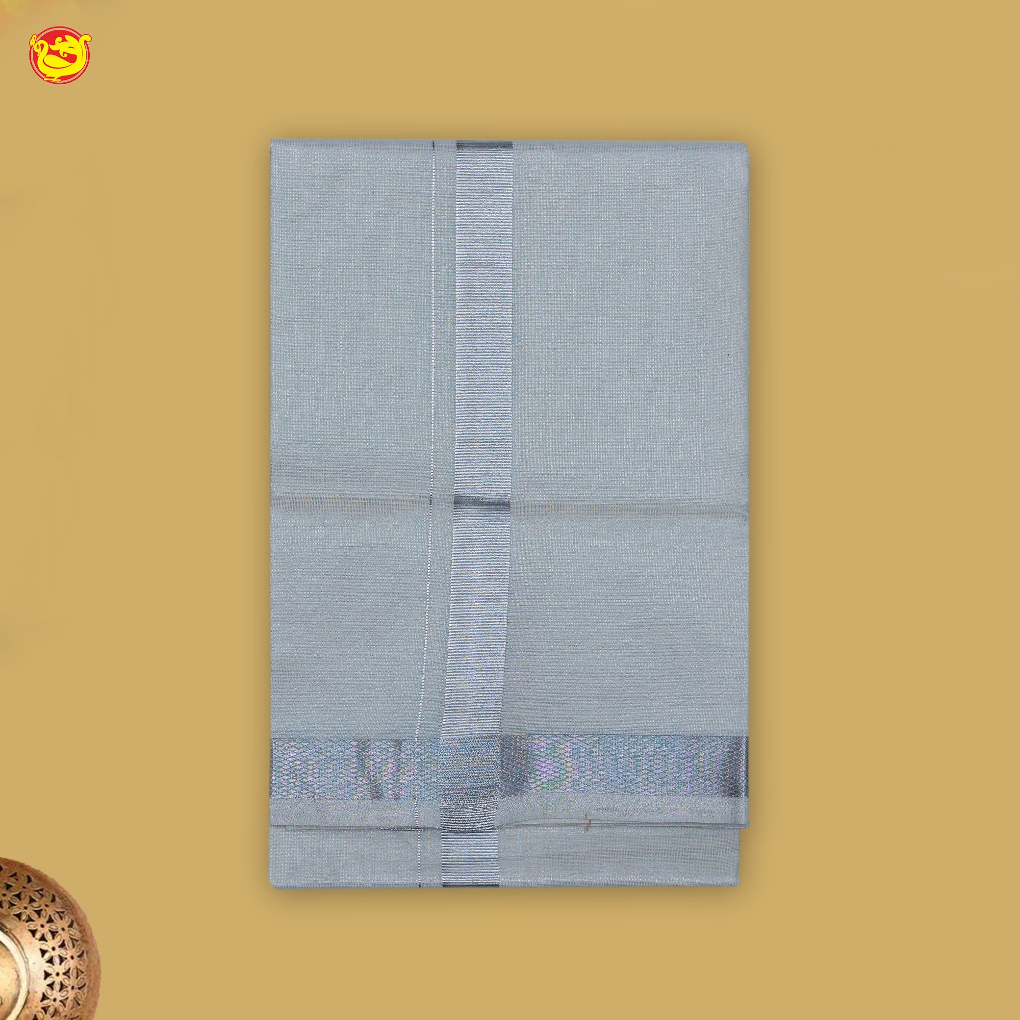 Grey Readymade Shirt And Matching Border Dhoti Set for Men
