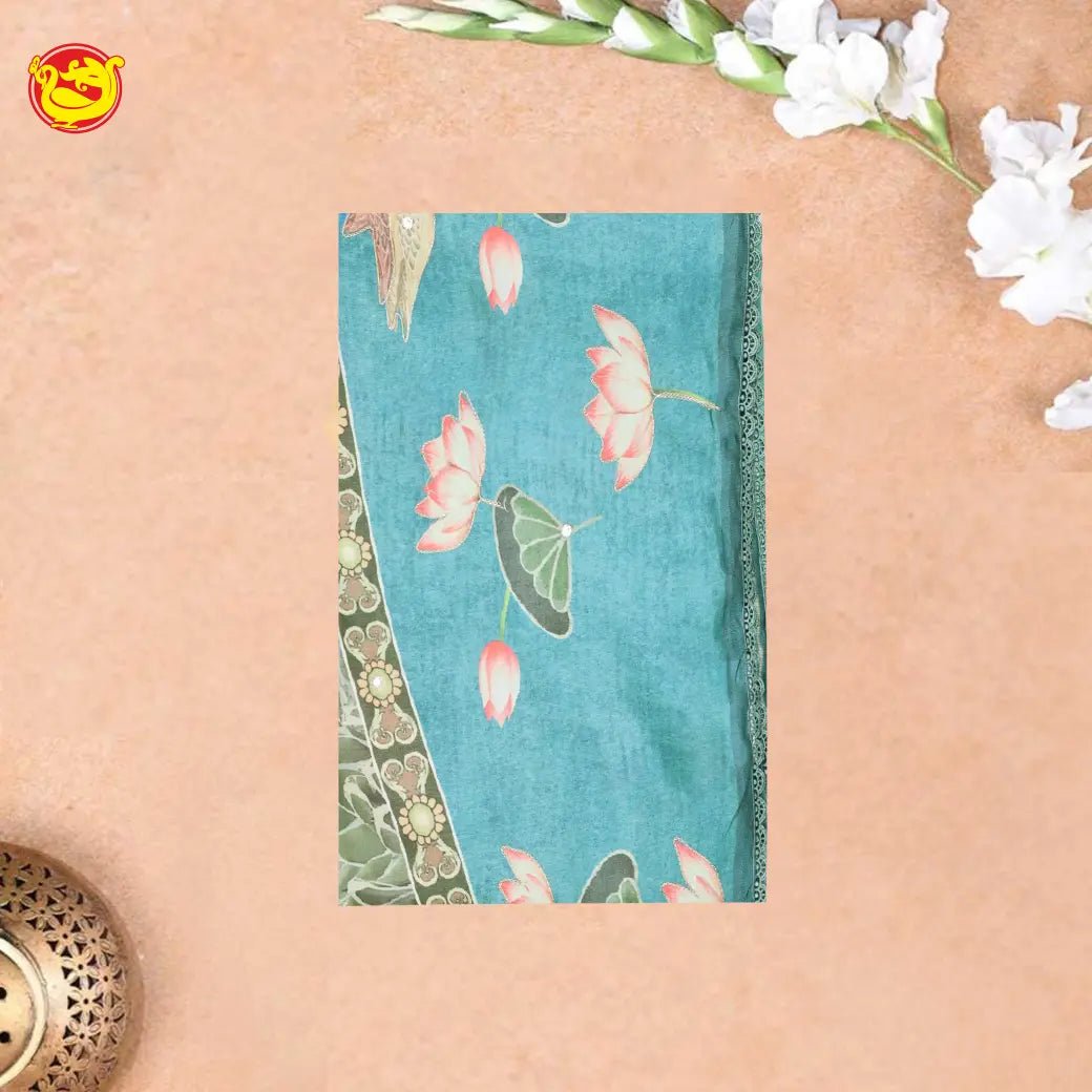 Light blue with Floral Print Raw Silk Saree - Thenianantham