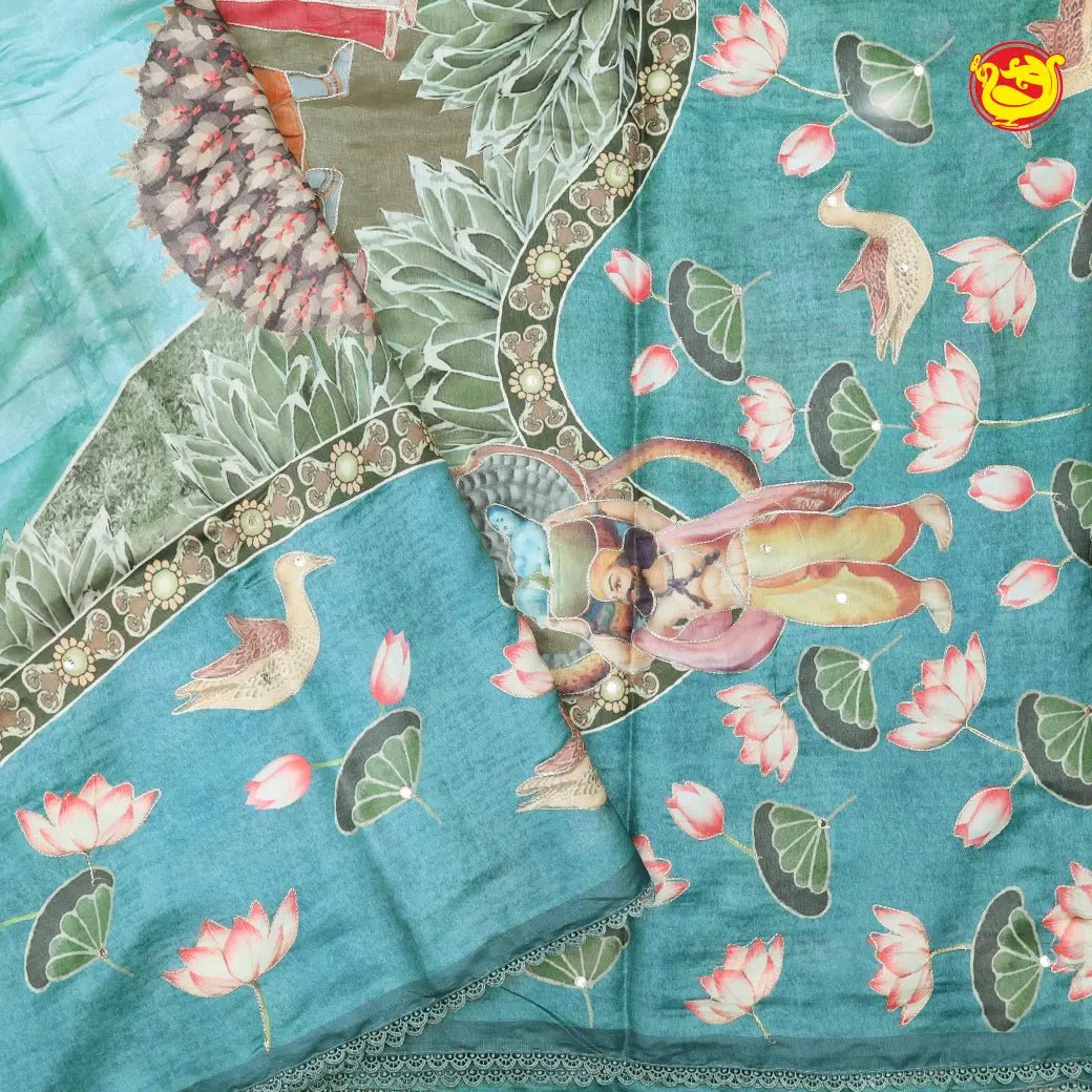 Light blue with Floral Print Raw Silk Saree - Thenianantham