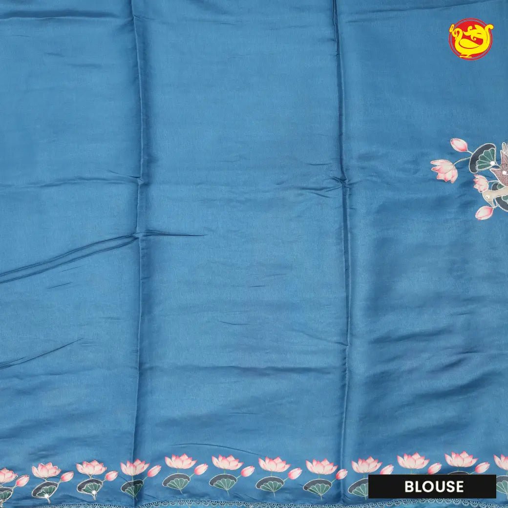 Light blue with Floral Print Raw Silk Saree - Thenianantham