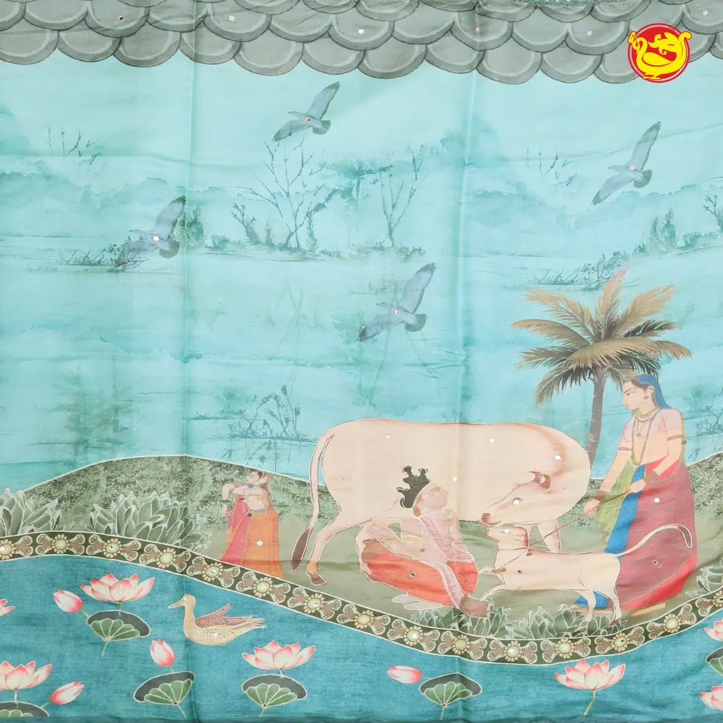 Light blue with Floral Print Raw Silk Saree - Thenianantham