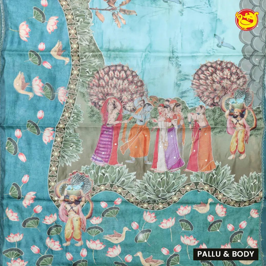 Light blue with Floral Print Raw Silk Saree - Thenianantham