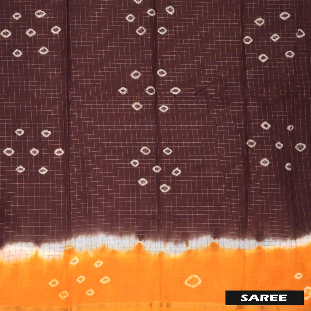 Dark Brown with Orange Sungudi Cotton Saree without Blouse