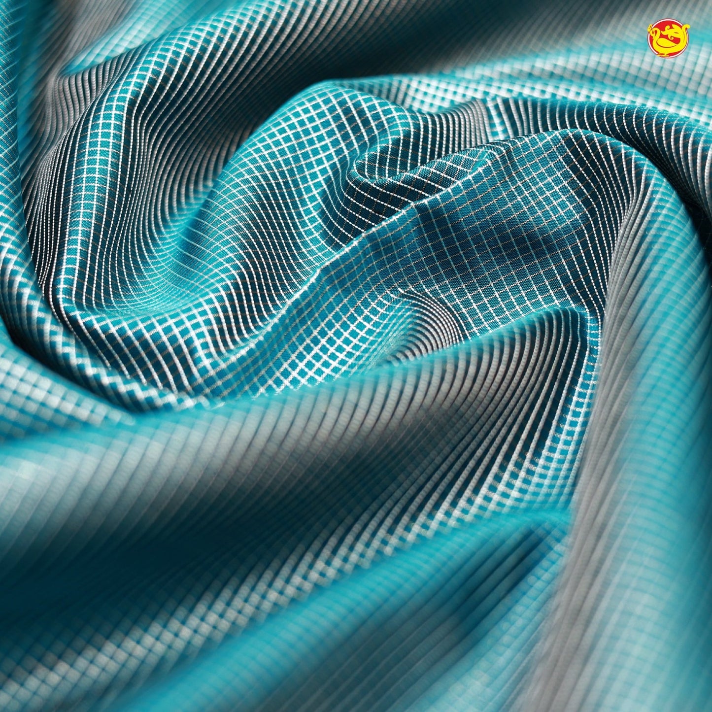 Sky Blue with Black Checked Silver Zari Floral Border Soft Silk Saree - Thenianantham