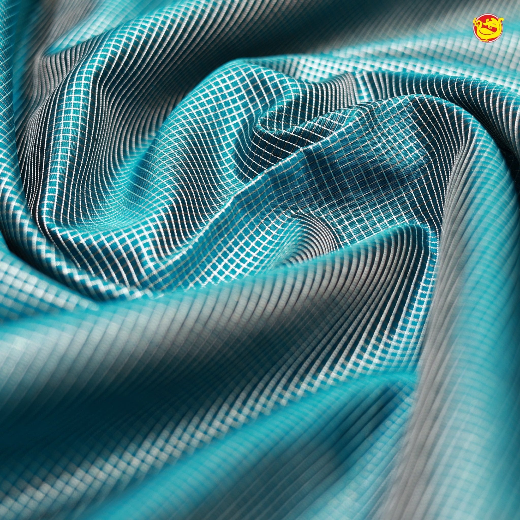 Sky Blue with Black Checked Silver Zari Floral Border Soft Silk Saree - Thenianantham