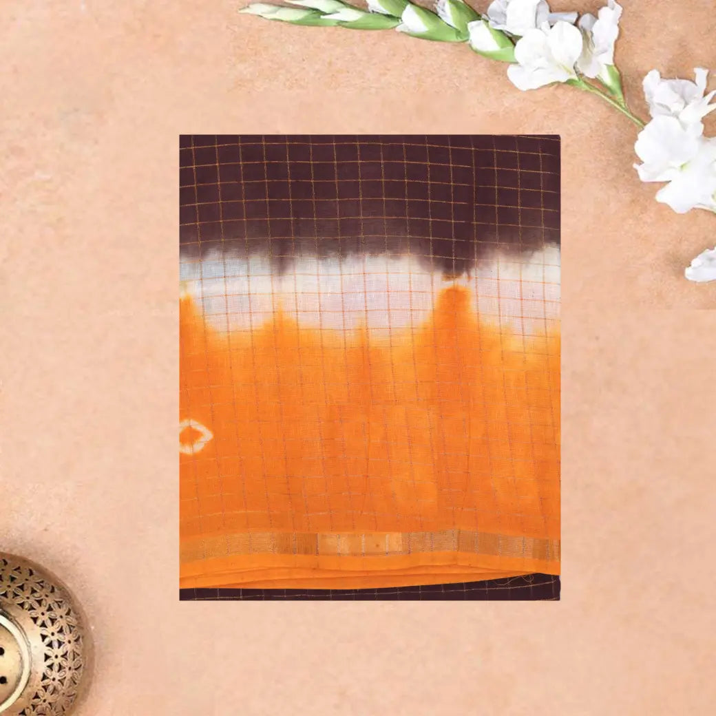 Dark Brown with Orange Sungudi Cotton Saree without Blouse