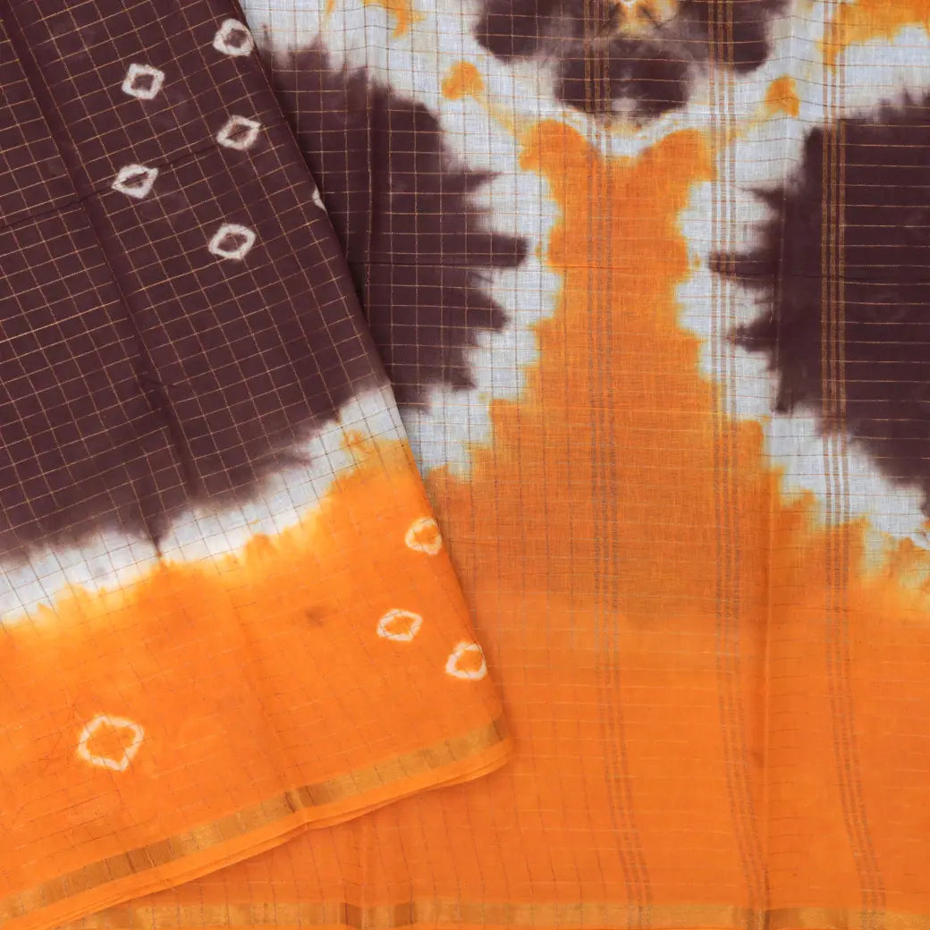Dark Brown with Orange Sungudi Cotton Saree without Blouse