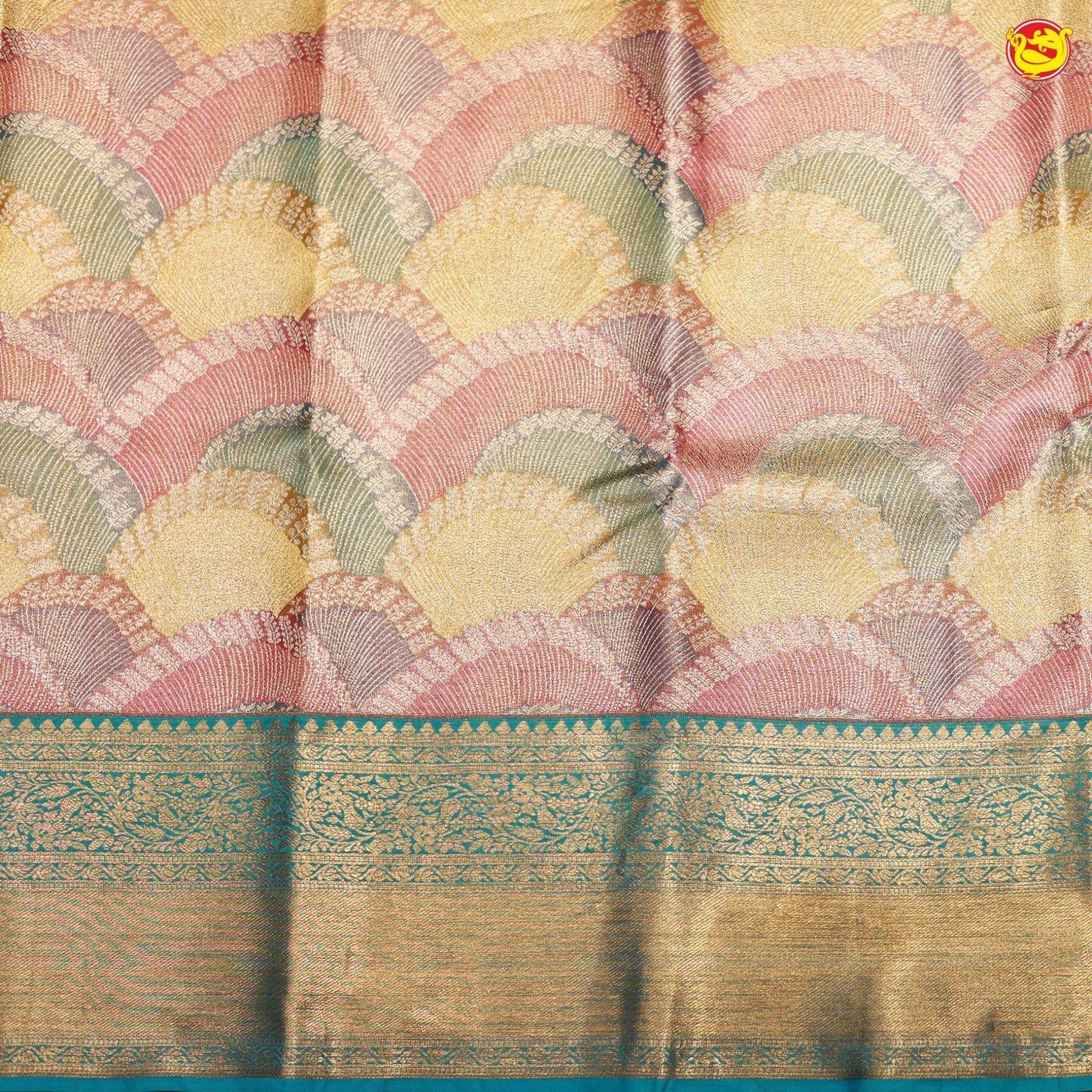 Rainbow Motifs Gold Zari Floral Pure Kanjivaram Tissue Silk Saree - Thenianantham