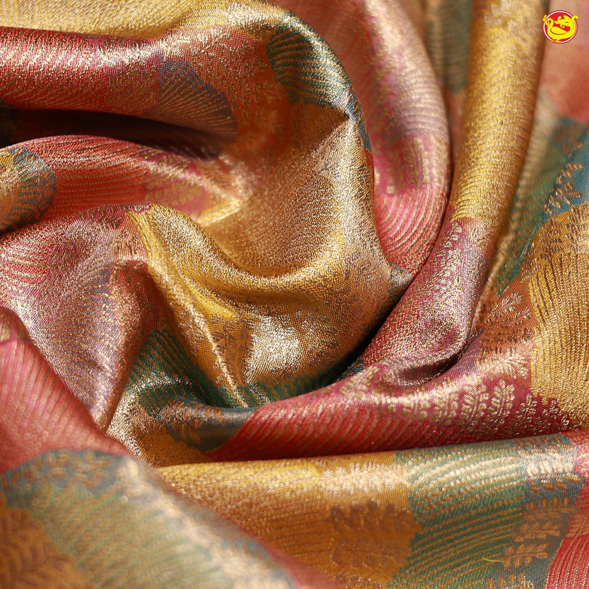 Rainbow Motifs Gold Zari Floral Pure Kanjivaram Tissue Silk Saree - Thenianantham
