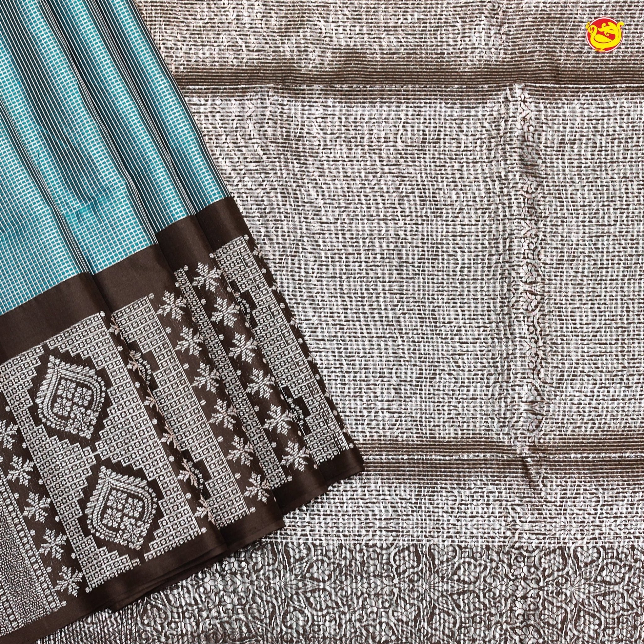 Sky Blue with Black Checked Silver Zari Floral Border Soft Silk Saree - Thenianantham