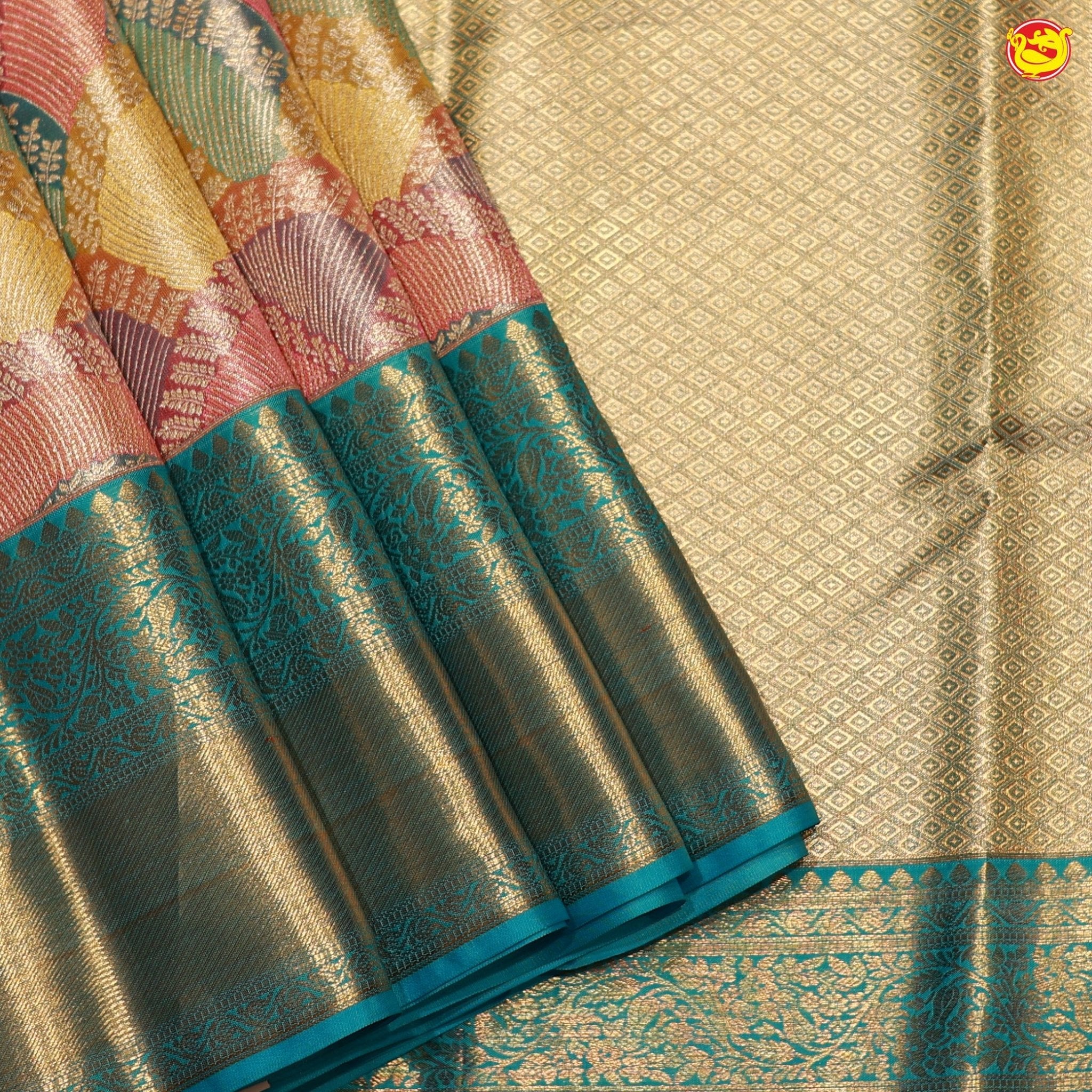 Rainbow Motifs Gold Zari Floral Pure Kanjivaram Tissue Silk Saree - Thenianantham