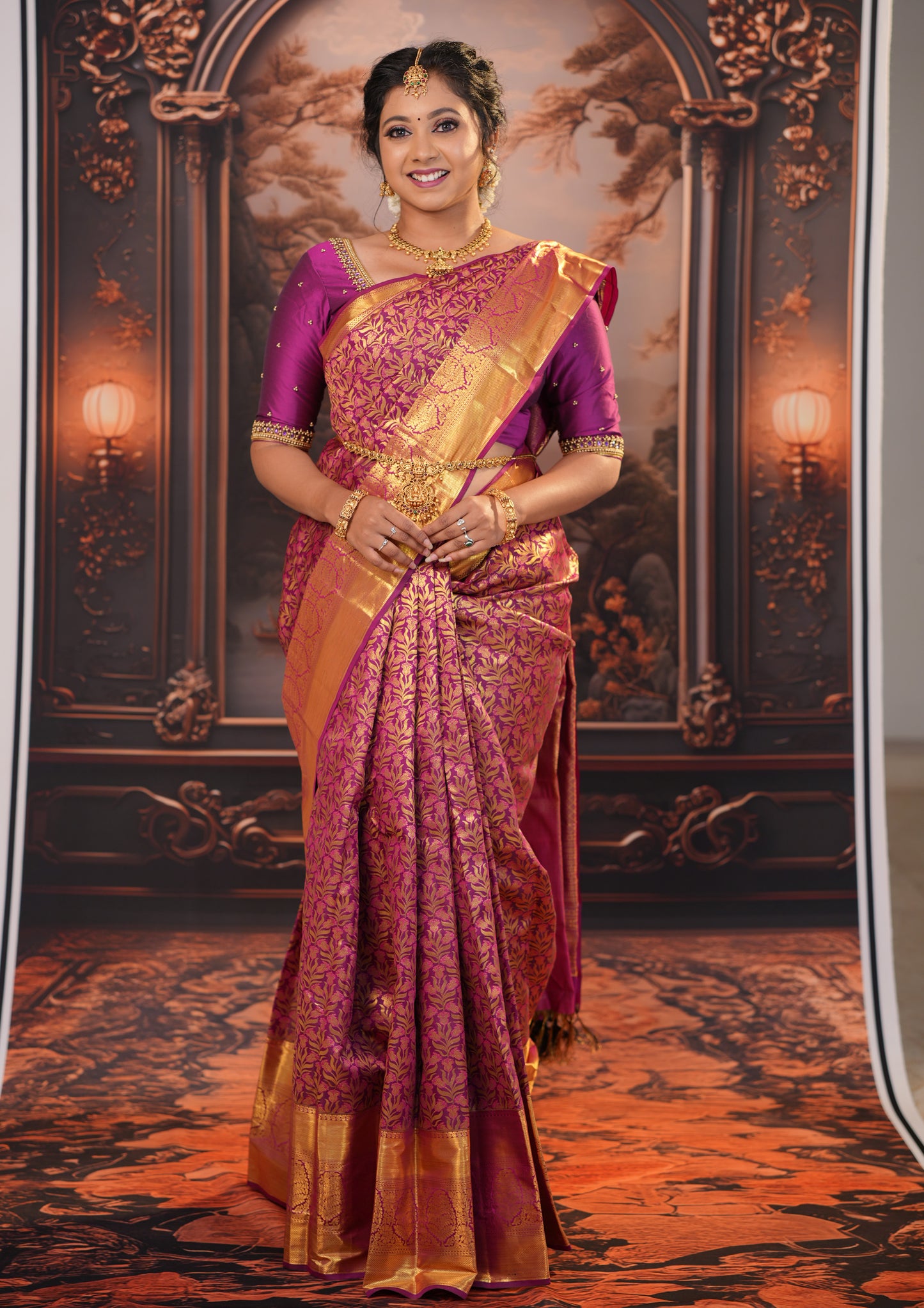 Magenta with Gold Zari Border Wedding Silk Saree