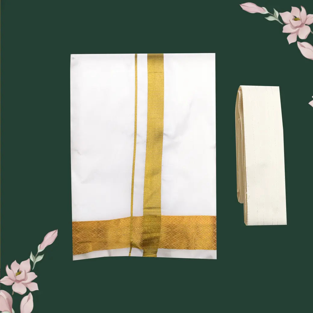 Cream with Gold Men’s Silk Dhoti and Towel set