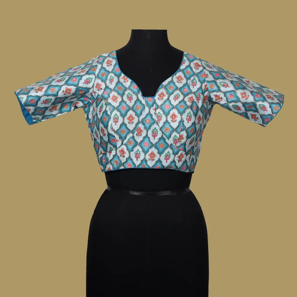 BRIGHT BLUE With PINK& ORANGE Floral design BANARAS, JACQUARD Ready made Blouse
