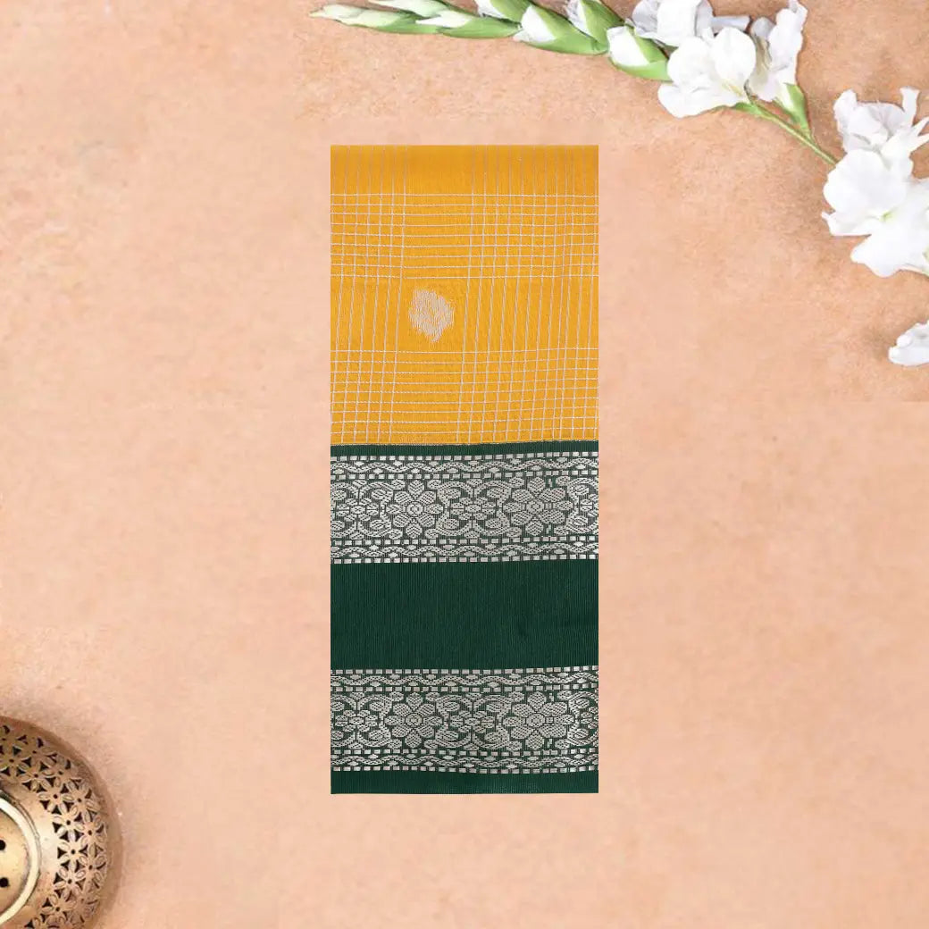 Yellow With Dark Green Checked Silk Cotton Saree