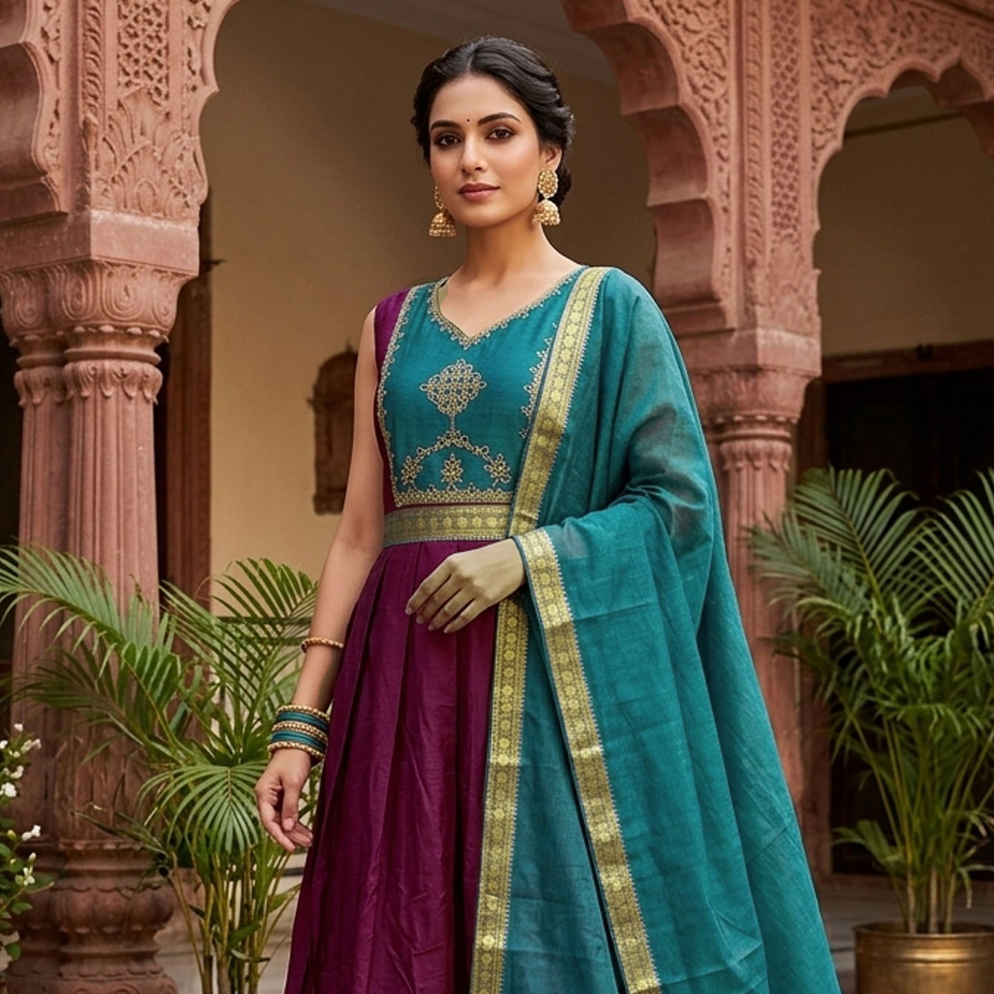 Dark Magenta With Peacock Blue Trendy Ladies Ethnic Gowns