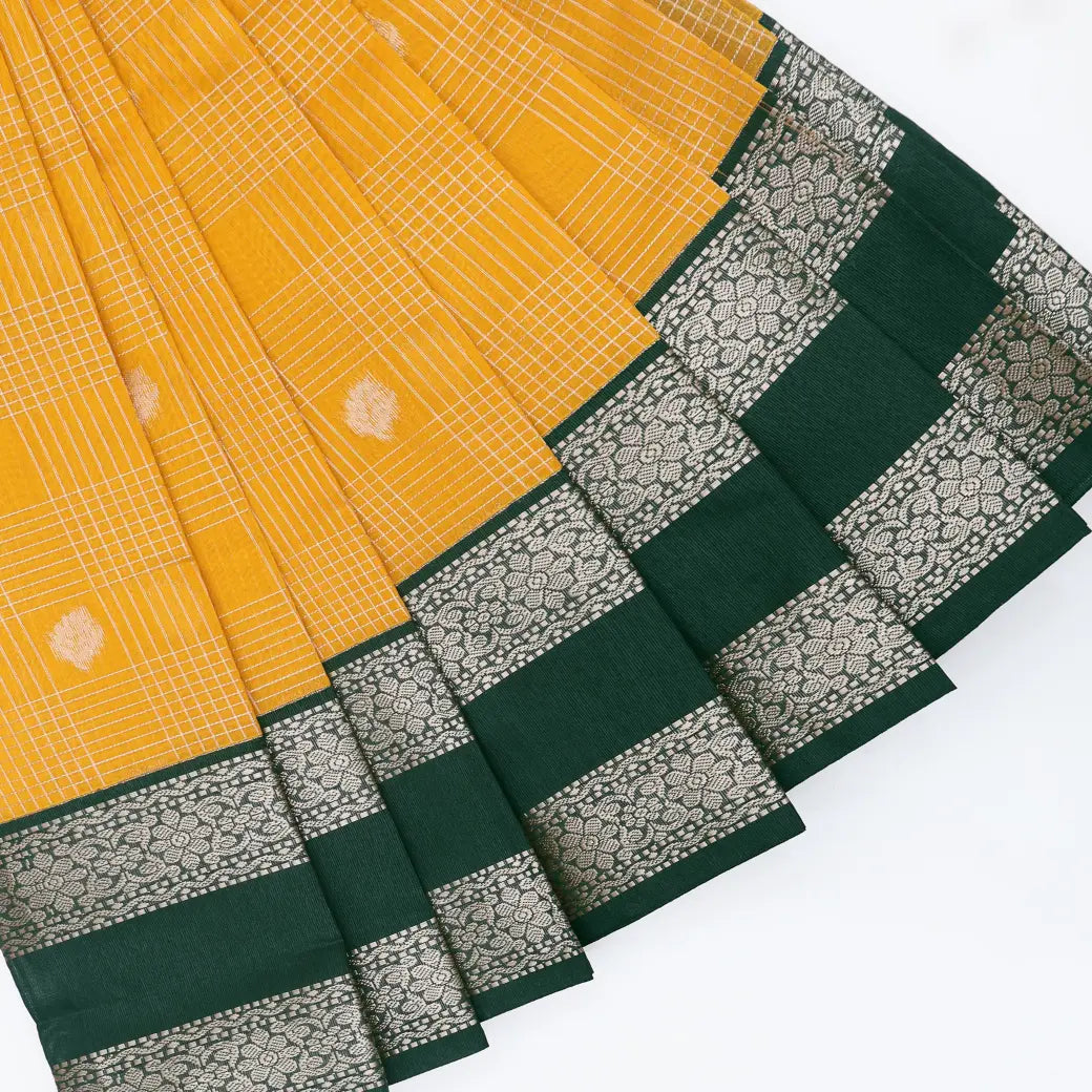 Yellow With Dark Green Checked Silk Cotton Saree